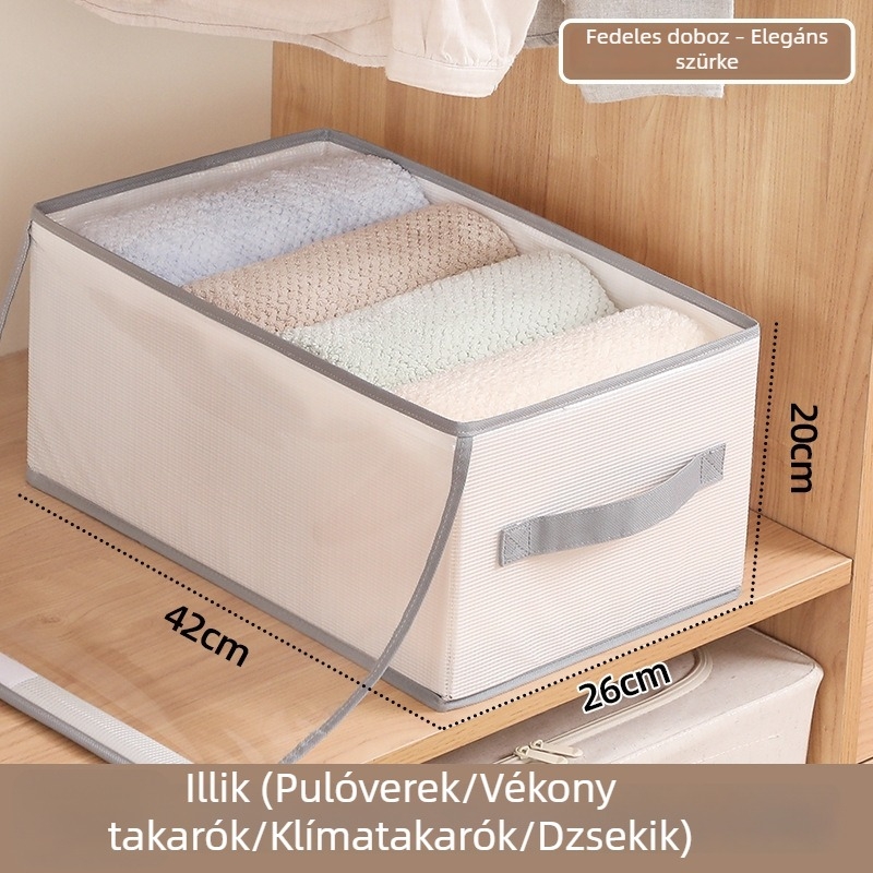PP panelből készült ruhatartó doboz fedéllel, összecsukható rekeszekkel ruhákhoz és farmerokhoz, méretek 42×26×20 cm