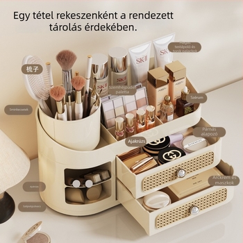 Asztali kozmetikai rendező – rúzsok, szemhéjfesték és sminkecset tartóval