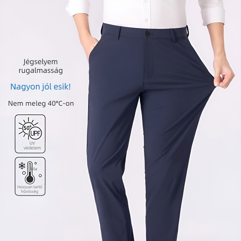 Nyári casual férfi nadrág Ice Silk anyagból, Slim fit, mikroelasztikus, gyűrődésmentes, egyenes szabás