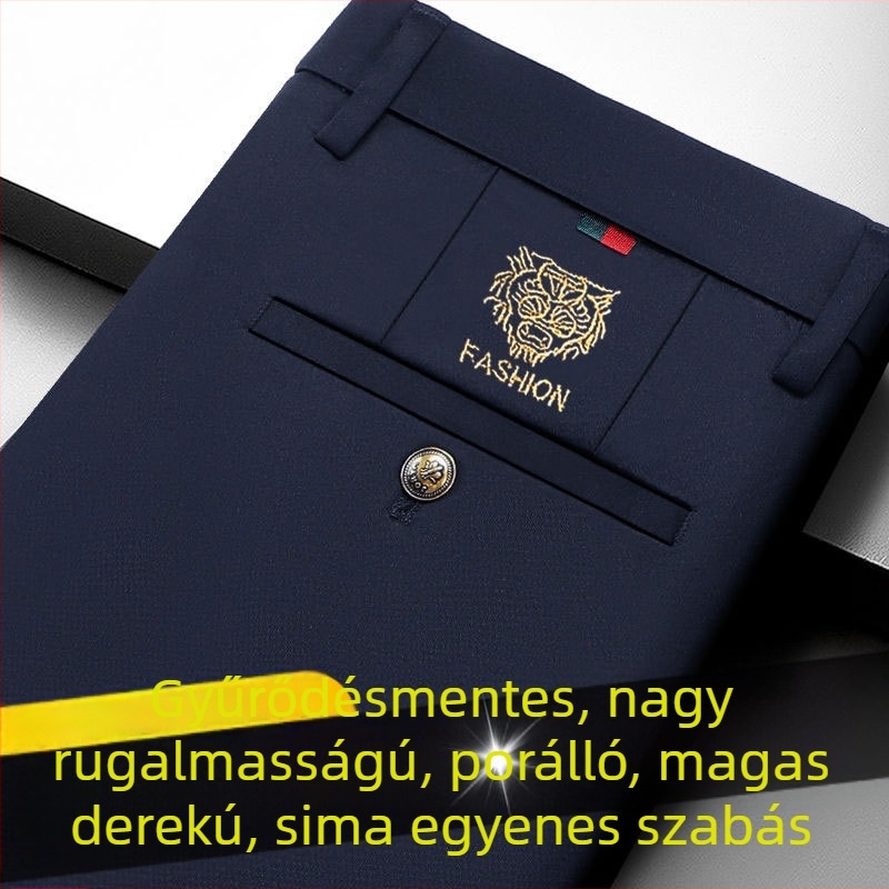 Férfi nyári könnyű casual nadrág, karcsúsított szabás, elasztikus, egyenes szárú üzleti nadrág, fekete