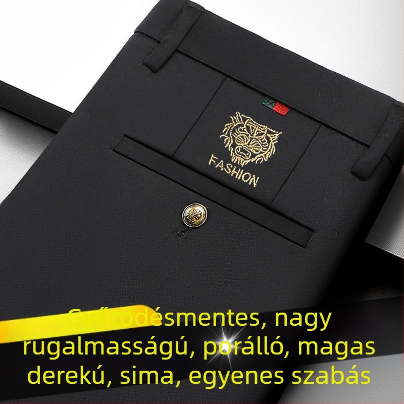 Férfi nyári könnyű casual nadrág, karcsúsított szabás, elasztikus, egyenes szárú üzleti nadrág, fekete