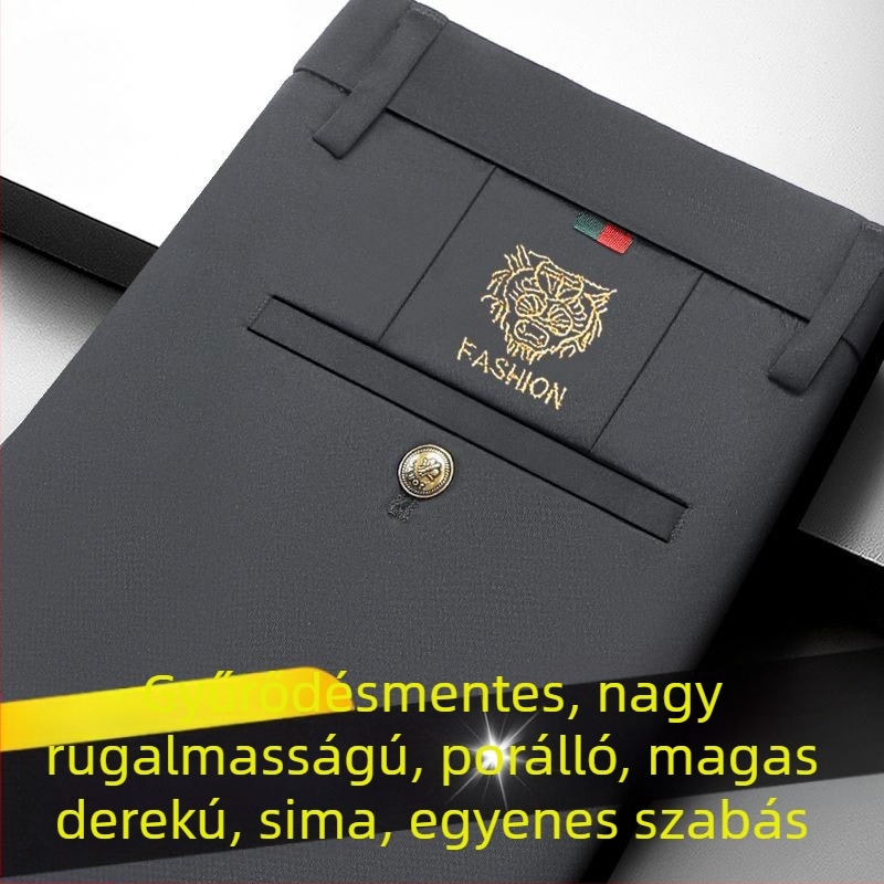 Férfi nyári könnyű casual nadrág, karcsúsított szabás, elasztikus, egyenes szárú üzleti nadrág, fekete