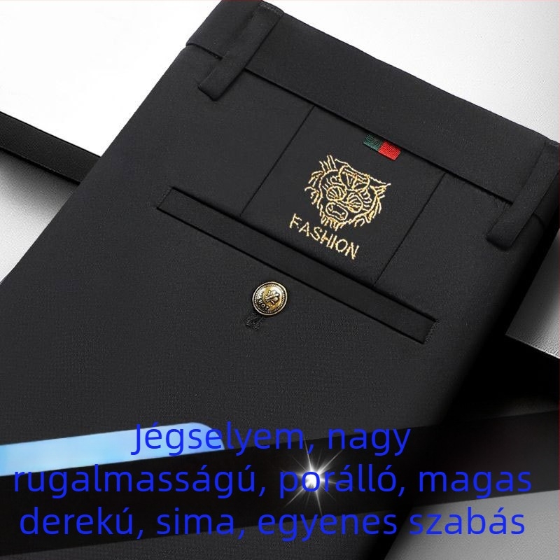 Férfi nyári könnyű casual nadrág, karcsúsított szabás, elasztikus, egyenes szárú üzleti nadrág, fekete