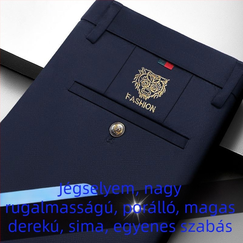 Férfi nyári könnyű casual nadrág, karcsúsított szabás, elasztikus, egyenes szárú üzleti nadrág, fekete