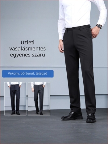 Férfi üzleti nadrág vasalást nem igénylő, egyenes szárú, karcsú fazon, rugalmas anyag, hivatalos hosszú nadrág, fekete.