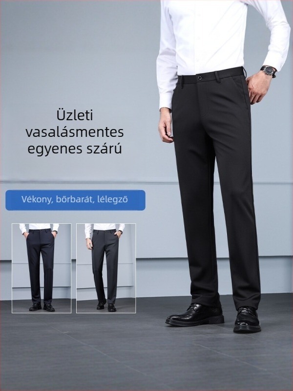Férfi üzleti nadrág vasalást nem igénylő, egyenes szárú, karcsú fazon, rugalmas anyag, hivatalos hosszú nadrág, fekete.
