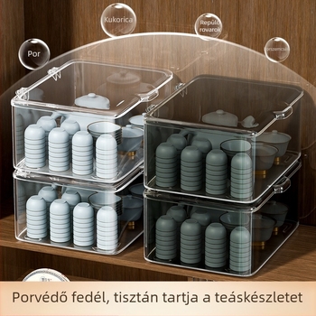Átlátszó akril teás készlet tároló doboz fedéllel, porálló, nagy kapacitás, asztali használatra