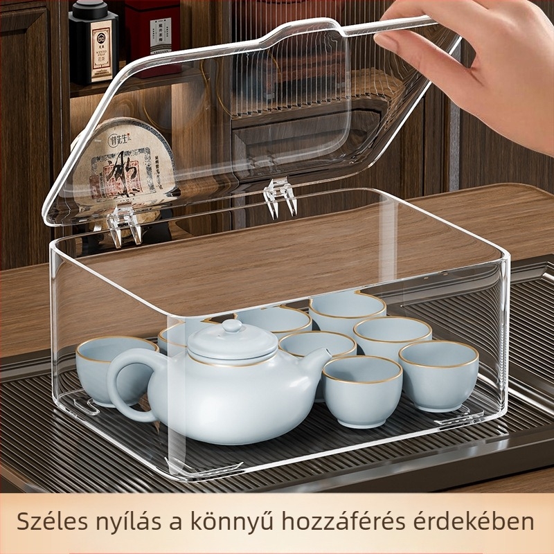 Átlátszó akril teás készlet tároló doboz fedéllel, porálló, nagy kapacitás, asztali használatra