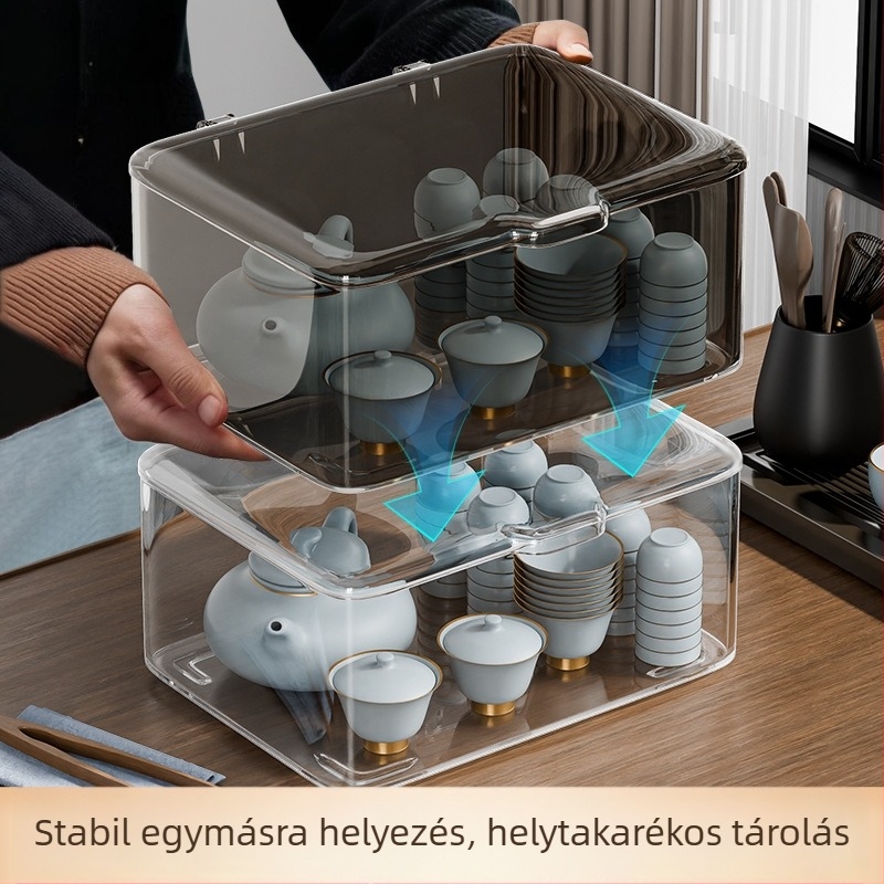 Átlátszó akril teás készlet tároló doboz fedéllel, porálló, nagy kapacitás, asztali használatra