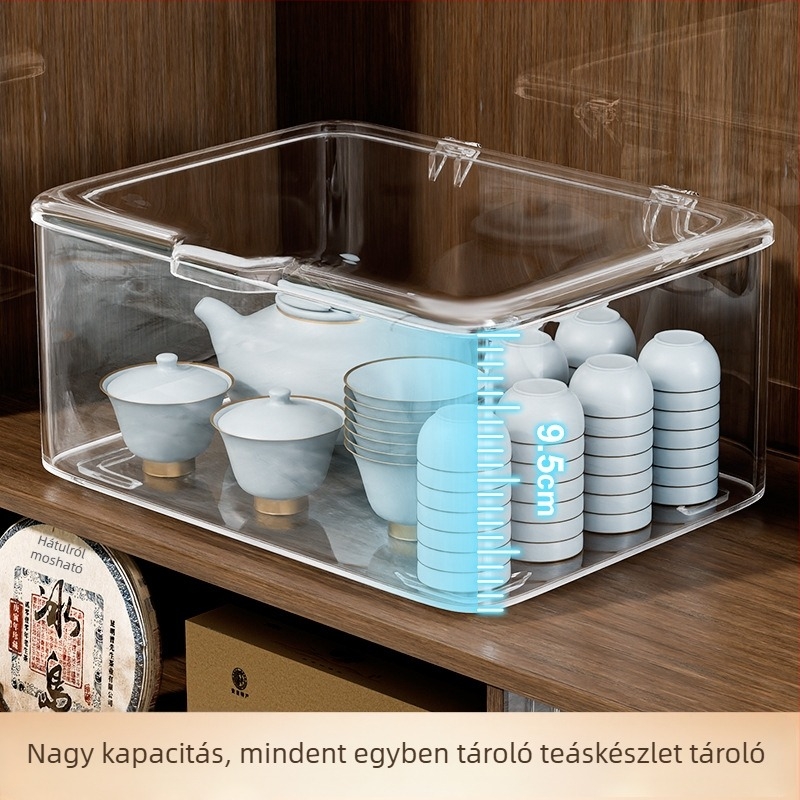 Átlátszó akril teás készlet tároló doboz fedéllel, porálló, nagy kapacitás, asztali használatra