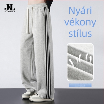 Nyári férfi casual sportos nadrág, könnyű anyag, laza szabású, széles szárú, csíkos