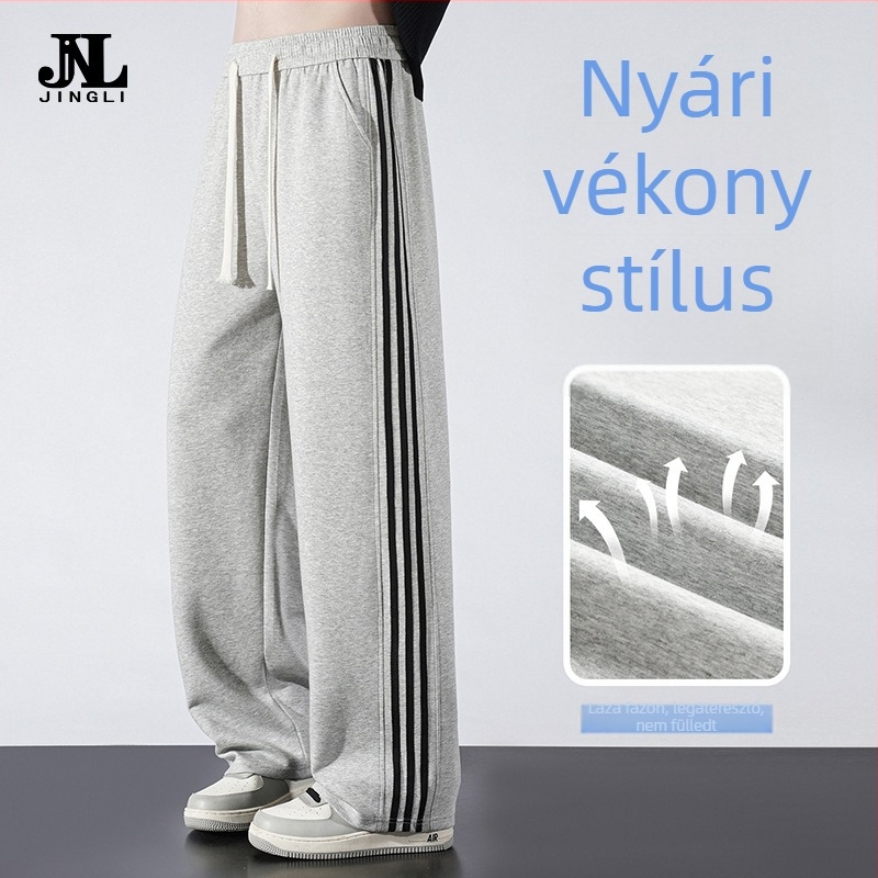 Nyári férfi casual sportos nadrág, könnyű anyag, laza szabású, széles szárú, csíkos
