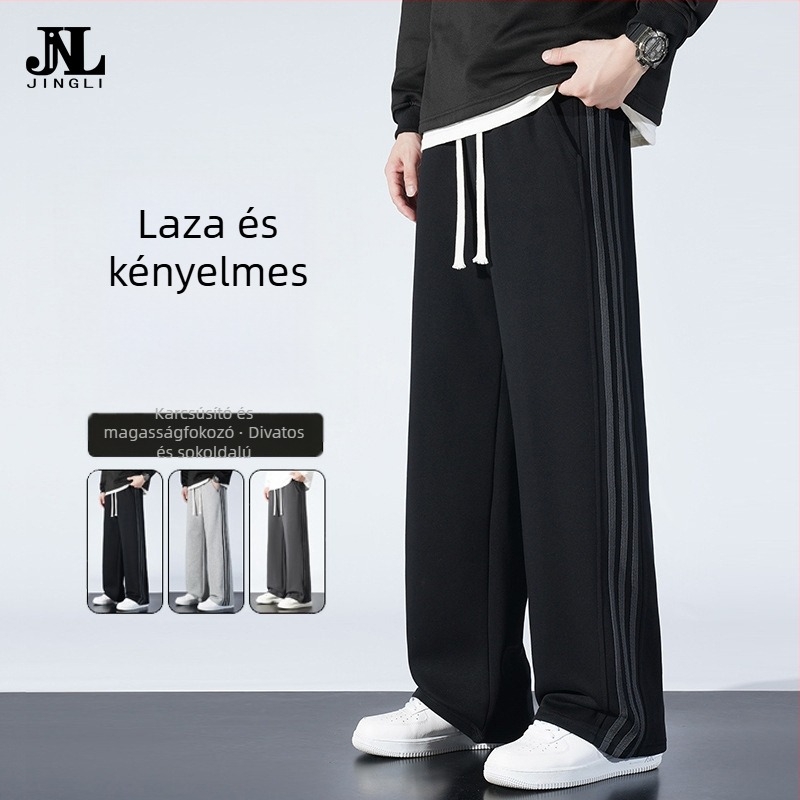 Nyári férfi casual sportos nadrág, könnyű anyag, laza szabású, széles szárú, csíkos