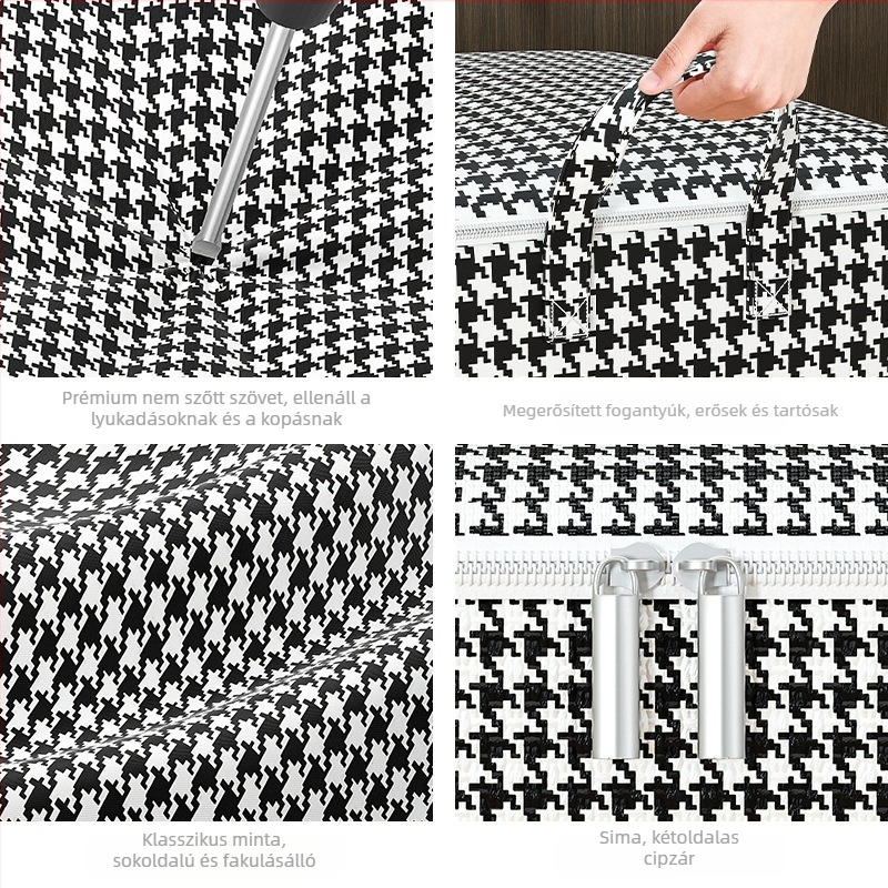 Houndstooth tárolótáska ruháknak, nagy kapacitású, nem szövött anyagból, ruhák, takarók, költözés és piszkos ruhák tárolására