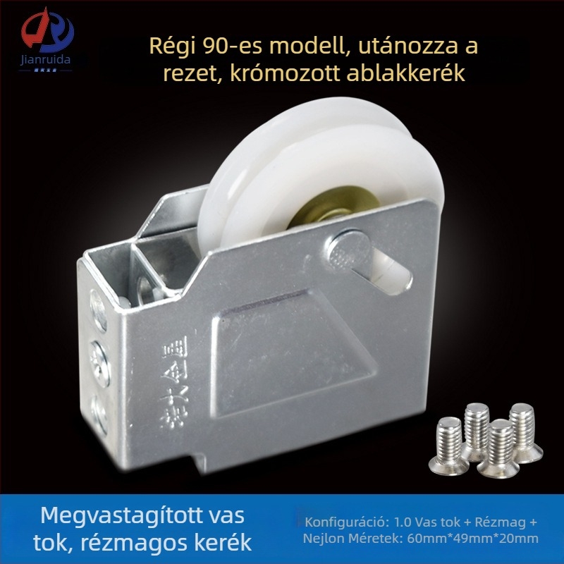 90-es típusú alumínium‑ötvözet csúszó ablak görgő, alsó sínhez, Ø41 mm, szélesség 22 mm, magasság 48 mm, tengely Ø15 mm, teherbírás 28 kg