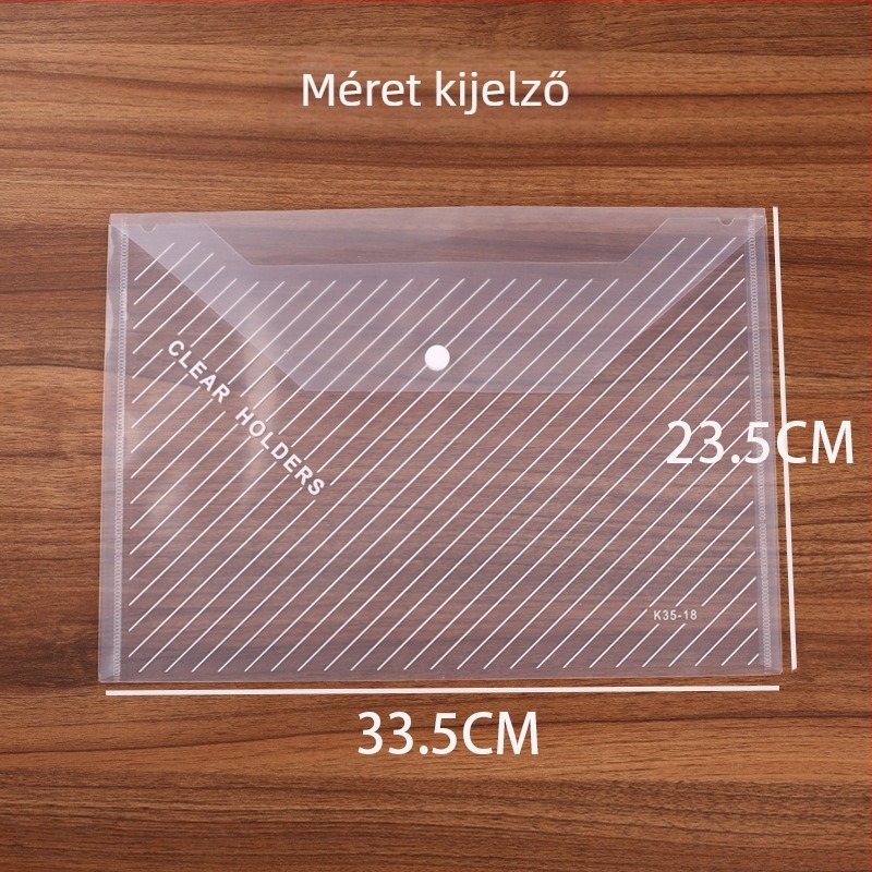 Műanyagból készült, vastított A4-es átlátszó dokumentumtáska kapocszáródással, irodai dokumentumok tárolására, méret 31,5×23,5 cm