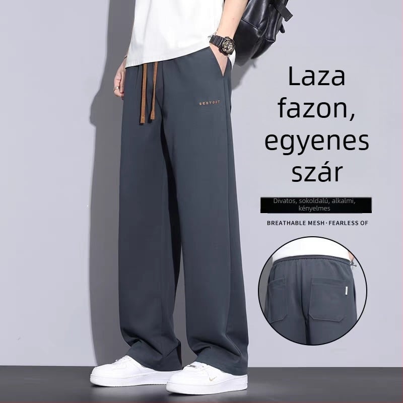 2025 tavasz–nyár férfiaknak: egyenes szabású, laza casual nadrág, széles szárú, pamutból