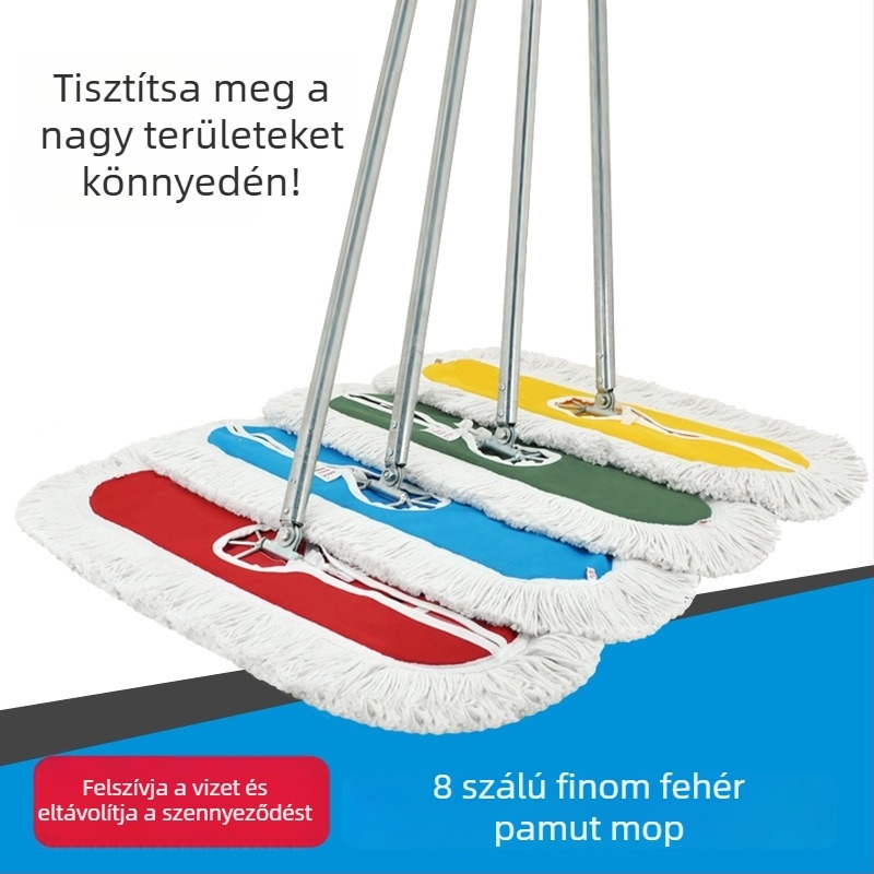 Színkódolt síklapos pormopp nagy acél rúddal és csavaros zárással, fej finom pamutfonalból, kereskedelmi szállodai használatra