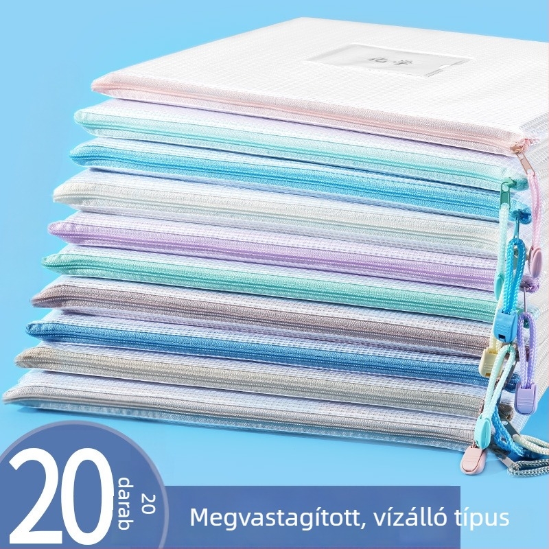 A4 átlátszó hálós irattartó, vízálló és megvastított, tantárgyak szerint rendező, macaron színekben, cipzárral