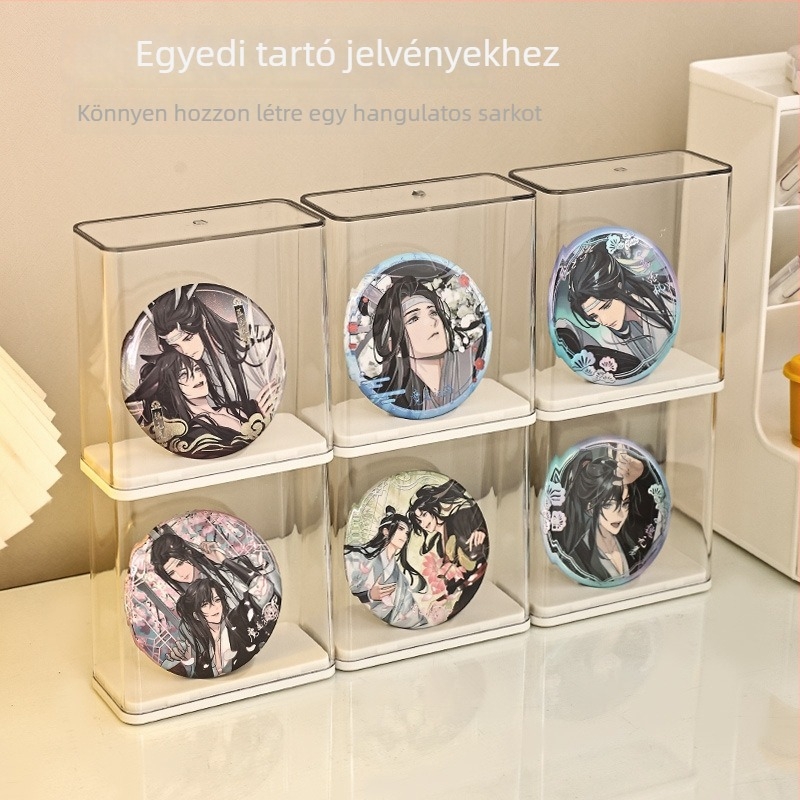 Átlátszó kiállítási doboz anime figurák és kitűzők számára, asztali tároló, porvédett, könnyen többszintűen rendezhető.