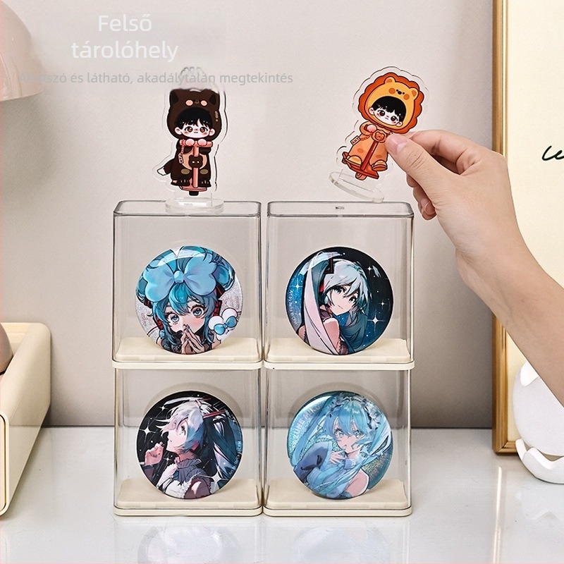 Átlátszó kiállítási doboz anime figurák és kitűzők számára, asztali tároló, porvédett, könnyen többszintűen rendezhető.