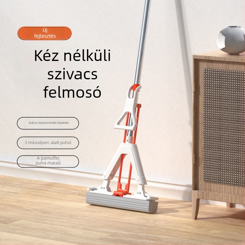 2026 Új modell fehér szivacsos mopfej automatikus kicsavaró rendszerrel, kéz nélküli takarításhoz