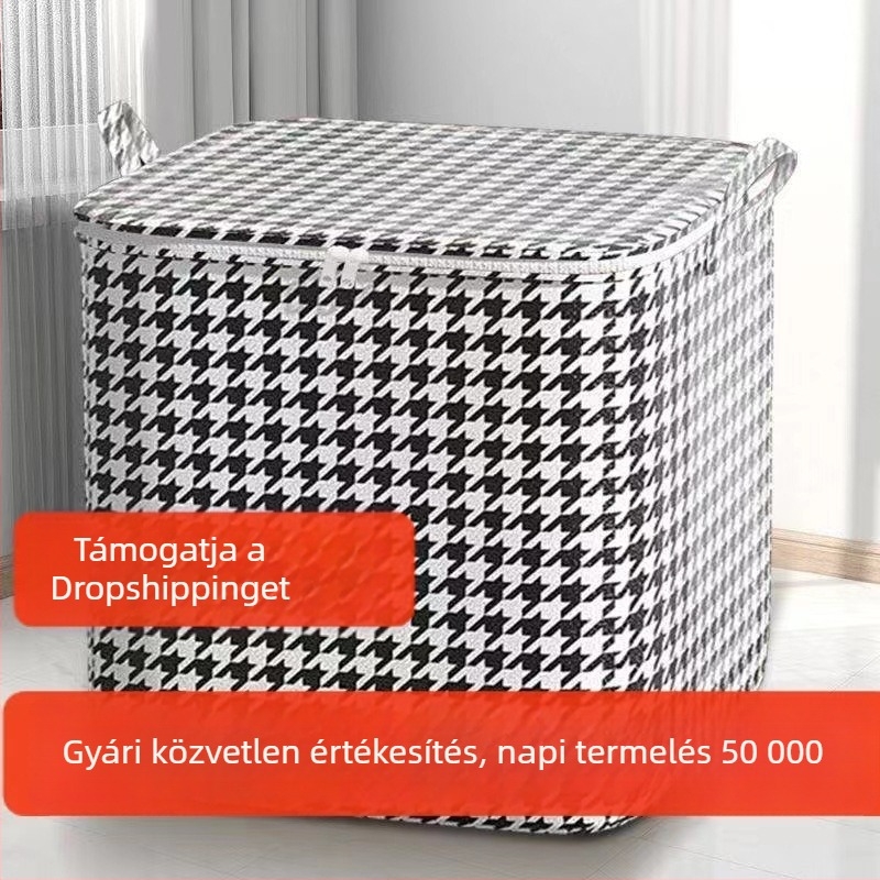 Nagy kapacitású tároló táska ágynemű és ruhák számára, houndstooth mintázatú, nedvesség- és penészálló, nem szövött anyagból