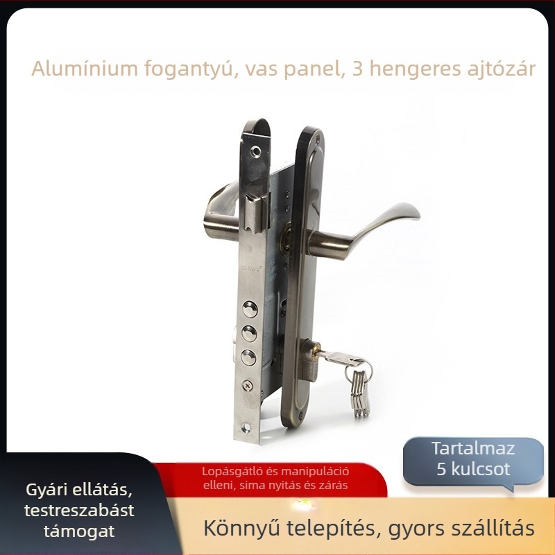 Nagy méretű alumínium fogantyúval ellátott ajtózár vas panellel és három hengeres zártesttel, beltéri ajtó hálószobához