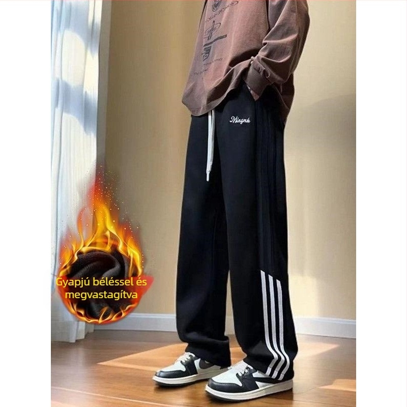 Férfiaknak fleece-szel bélelt sportnadrág, amerikai stílusú retro varrással, laza szabású, egyenes szárú, téli mindennapi nadrág