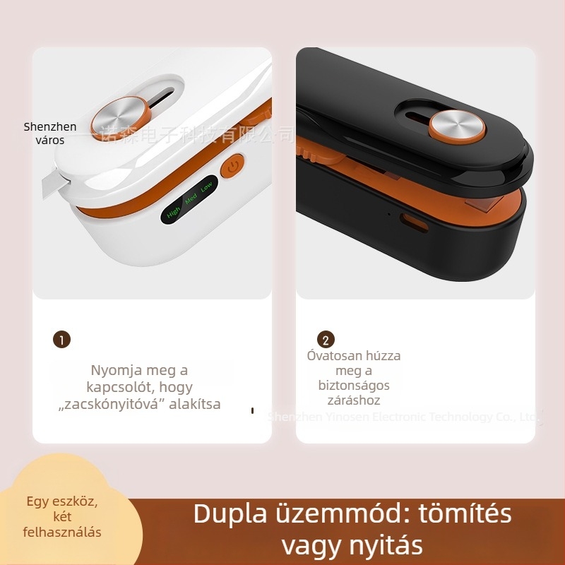 Kompakt, újratölthető háromfokozatú hőmérsékletszabályozású lezáró készülék háztartási nassolnivaló zacskókhoz; műanyag zacskók lezárására, kézi nyomásos zárás a frissesség megőrzéséért