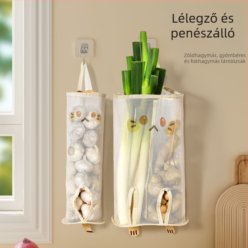 Hálózatos tárolózsák hagyma, gyömbér és fokhagyma számára, falra akasztható, lélegző