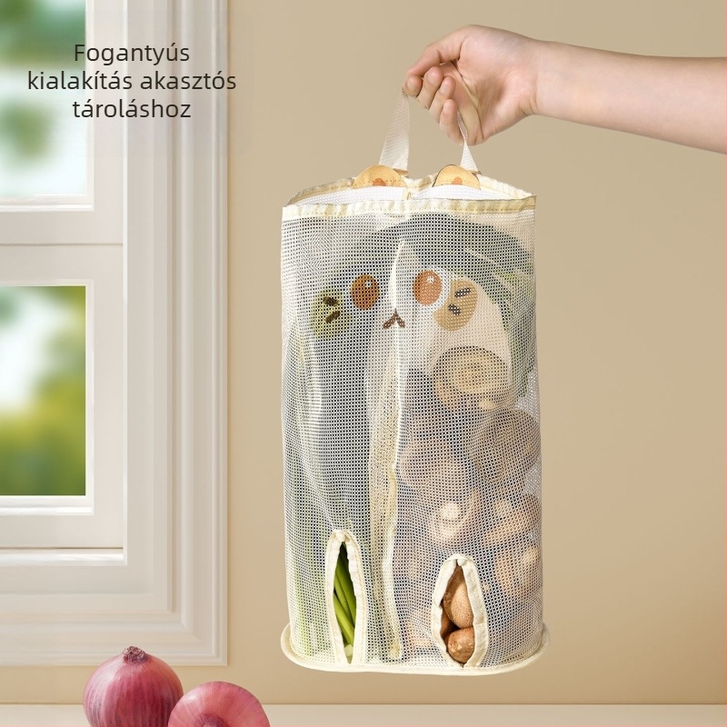 Hálózatos tárolózsák hagyma, gyömbér és fokhagyma számára, falra akasztható, lélegző