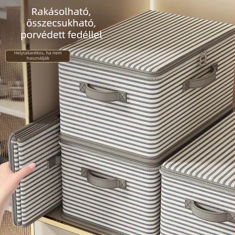 Nagy kapacitású textil tároló doboz ruhák és takarók számára, fedéllel, összecsukható