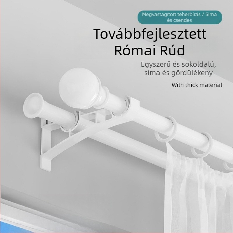 Csúszó sínekhez készült teljes készlet vastagított kiegészítőkkel, dupla rúddal rendelkező római függönyrúddal, konzol egy rúdhoz és függönyhorogokkal