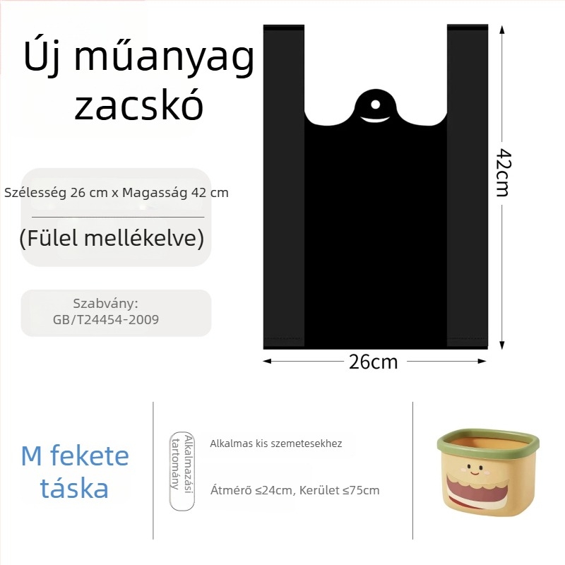 Fekete egyszer használatos, megvastított műanyag szemeteszsák kézi hordozóval, mellény-stílus, különböző méretek