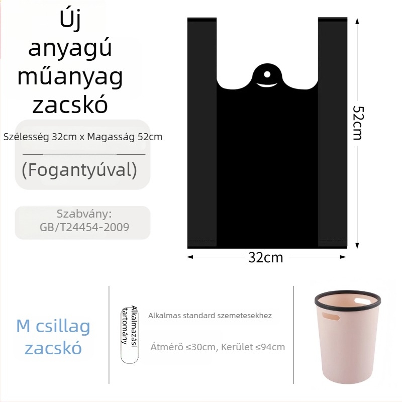 Fekete egyszer használatos, megvastított műanyag szemeteszsák kézi hordozóval, mellény-stílus, különböző méretek