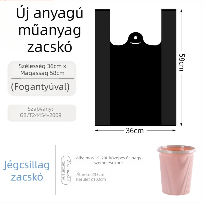 Fekete egyszer használatos, megvastított műanyag szemeteszsák kézi hordozóval, mellény-stílus, különböző méretek