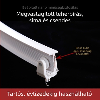 Ívelt ablak- és erkélyfüggöny-sín, hajlékony U-formájú műanyag egysínes rendszer, oldalsó felső rögzítésű