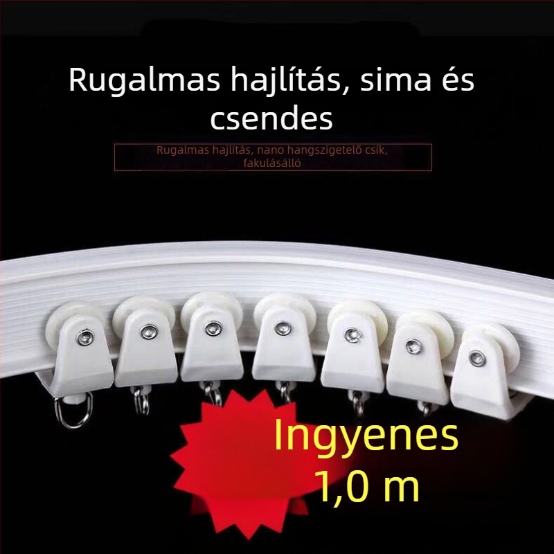 Ívelt ablak- és erkélyfüggöny-sín, hajlékony U-formájú műanyag egysínes rendszer, oldalsó felső rögzítésű