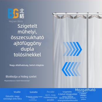 Áttetsző összecsukható ajtófüggöny raktárhoz, porvédelem és elválasztó műhely számára, dupla nyitású csúszó sínnel, PVC