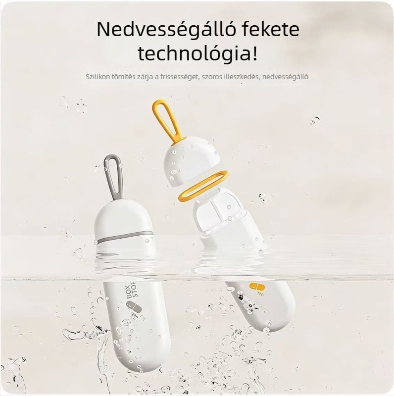 Hordozható gyógyszeres doboz, három rekeszes, nedvesség- és porálló, nagy kapacitású, napi adag tablettákhoz.