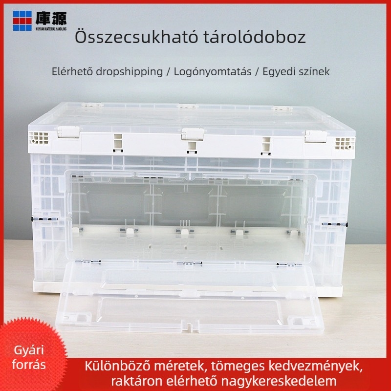 Műanyag autóhoz való oldalsó nyílású tároló doboz fedéllel, összecsukható, átlátszó