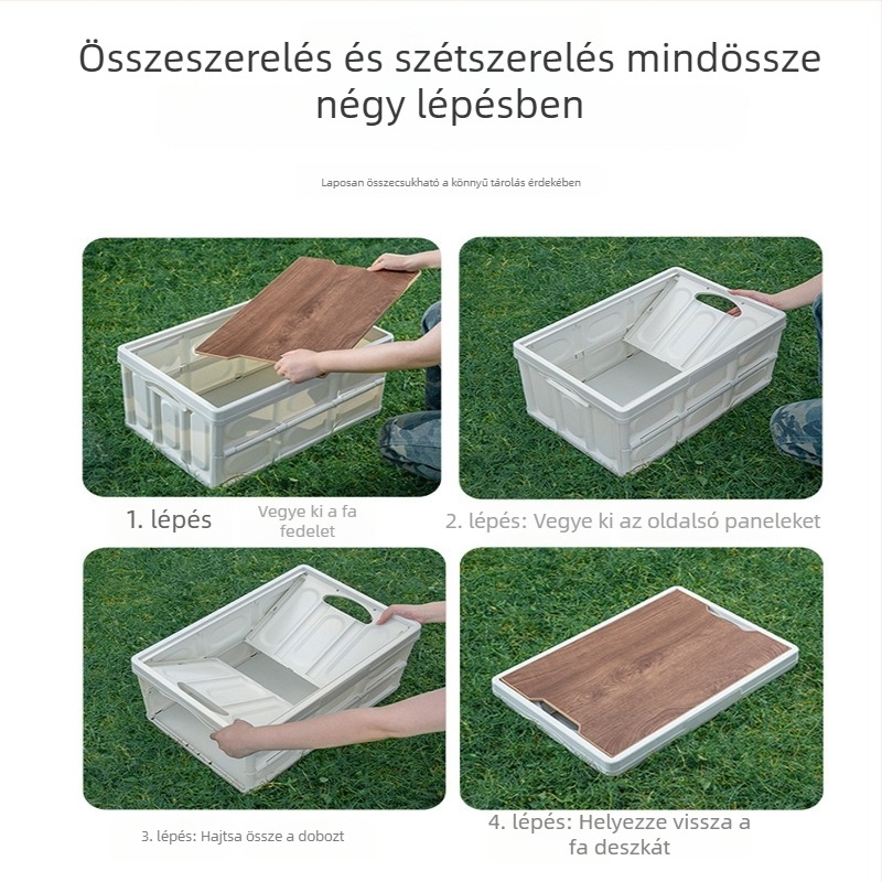 Összecsukható kemping tároló doboz fa fedéllel, autócsomagtartóhoz, 30L/56L