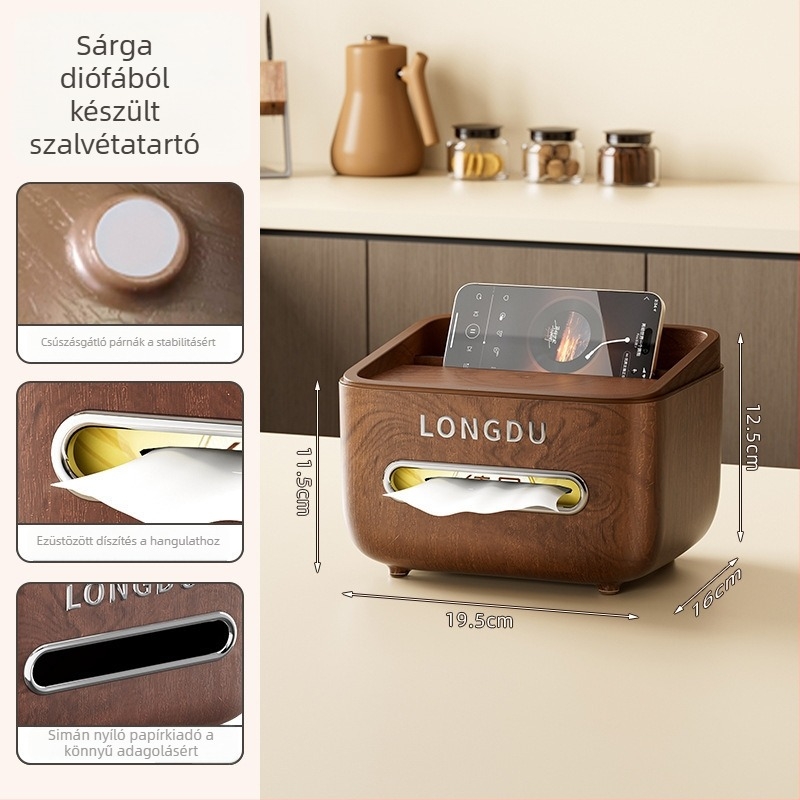 Asztali papírzsebkendős tartó polccal, retro-modern stílusú, nagy kapacitású, multifunkcionális papírzsebkendő tartó nappaliba és hálószobába