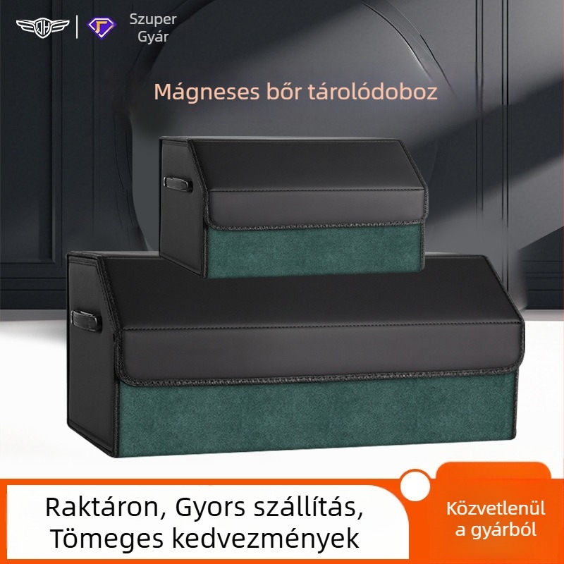 Bőrhatású csomagtartó rendező mágneses csattal, színben hozzáillő, összecsukható, univerzális autóhoz