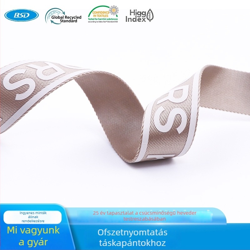 Arany betűkkel nyomtatott kötött szalag táskákhoz, sapkákhoz és ruházati kiegészítőkhöz