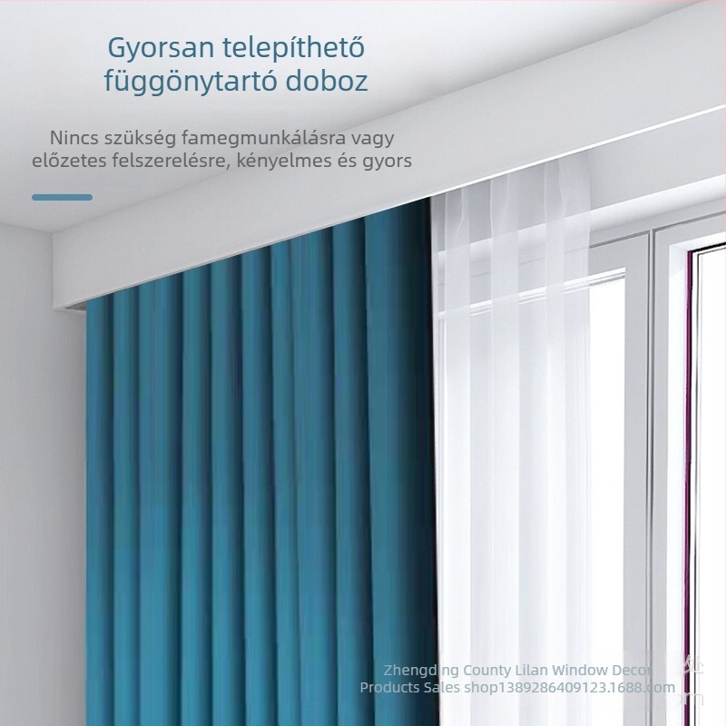 Megvastított alumíniumötvözetes függönyrendszer rejtett sínnel és porvédő borítással, modern ablakdísz, gyors és egyszerű szerelés, levehető függönydoboz