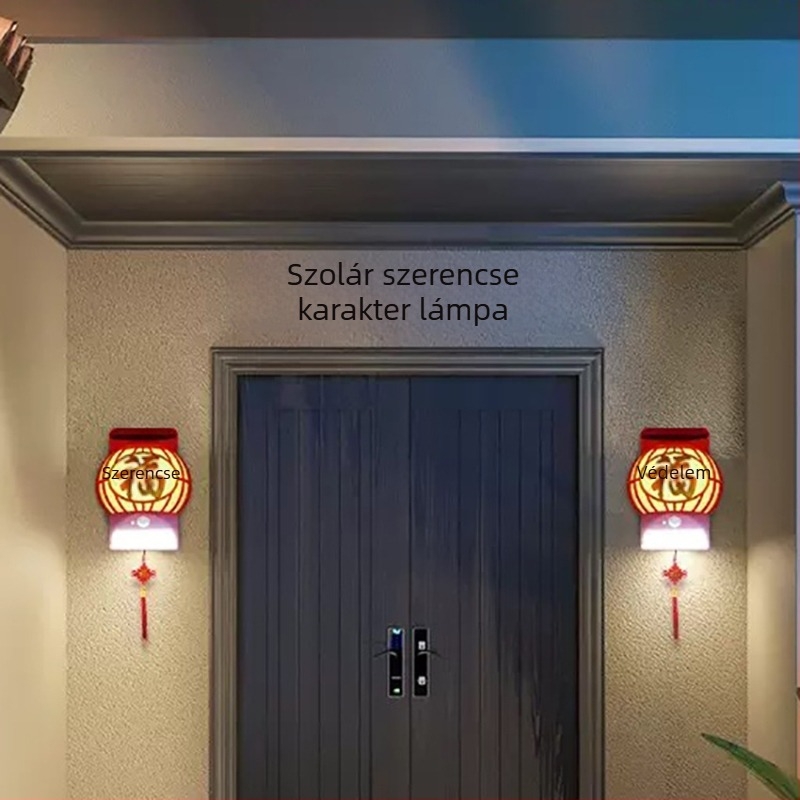 Napelemes kültéri lámpa – Retro palota lámpa jókívánság motívummal, szenzoros falikar, függő fa lámpa, Újévi lámpa