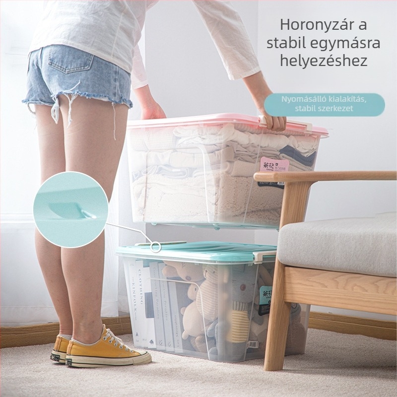 Camellia nagy átlátszó műanyag tároló doboz fedővel, vastagított kivitel, kerekek nélkül, ruhák tárolására, 50–60 liter