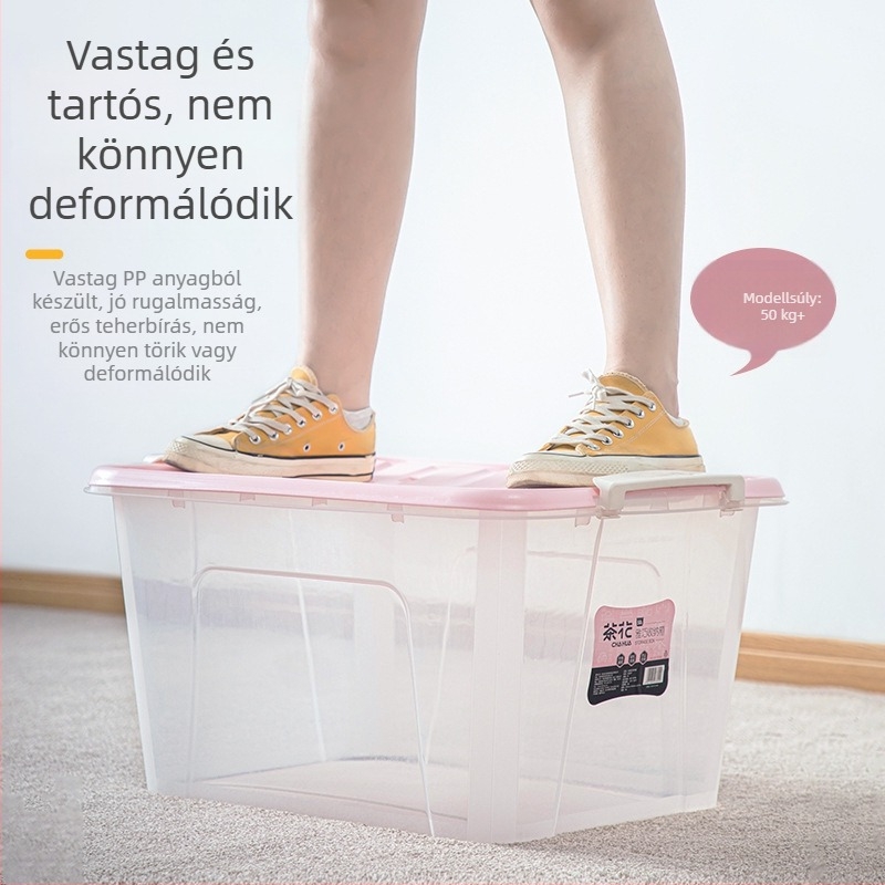 Camellia nagy átlátszó műanyag tároló doboz fedővel, vastagított kivitel, kerekek nélkül, ruhák tárolására, 50–60 liter